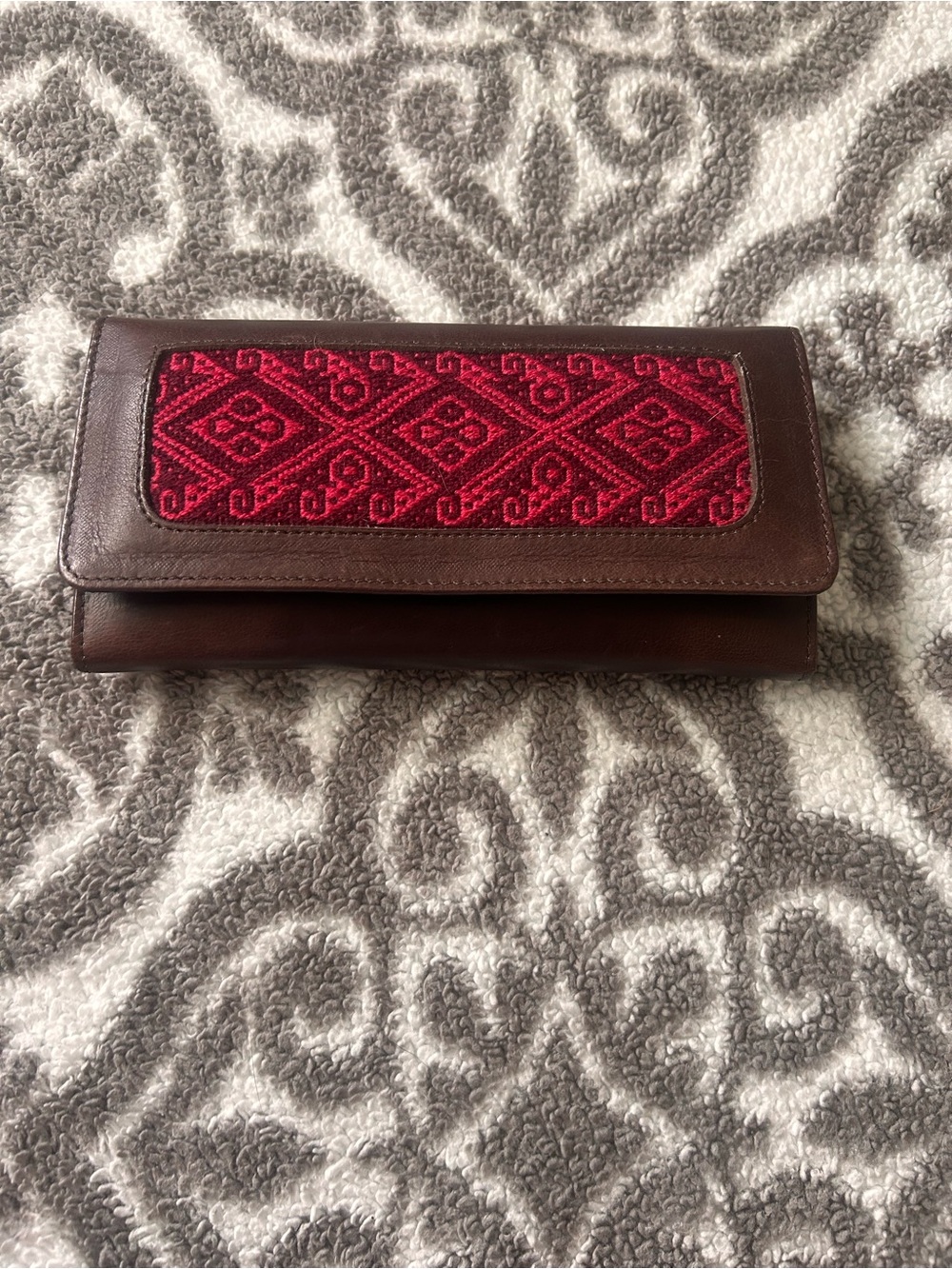 Ecuadorian Brown Leather Wallet Clutch with Red Embroidered Accent